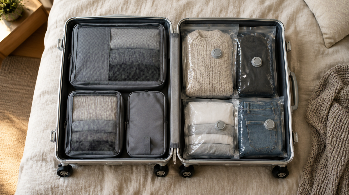 Maleta de aluminio abierta con organizadores y bolsas de vacío bien colocados