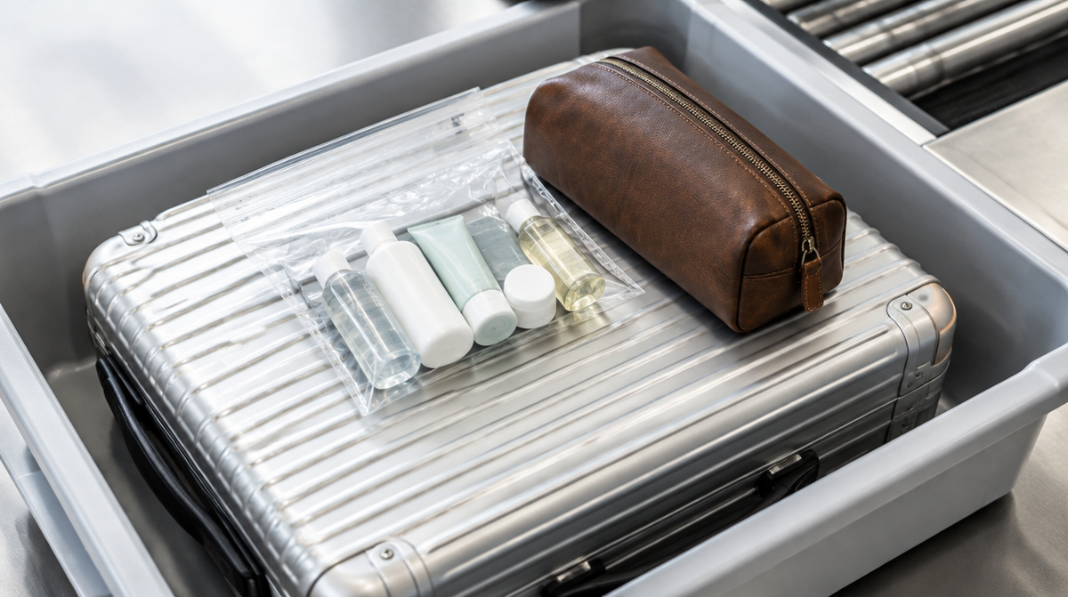 Bolsa transparente con líquidos de tamaño viaje junto a una maleta de aluminio en el control de seguridad