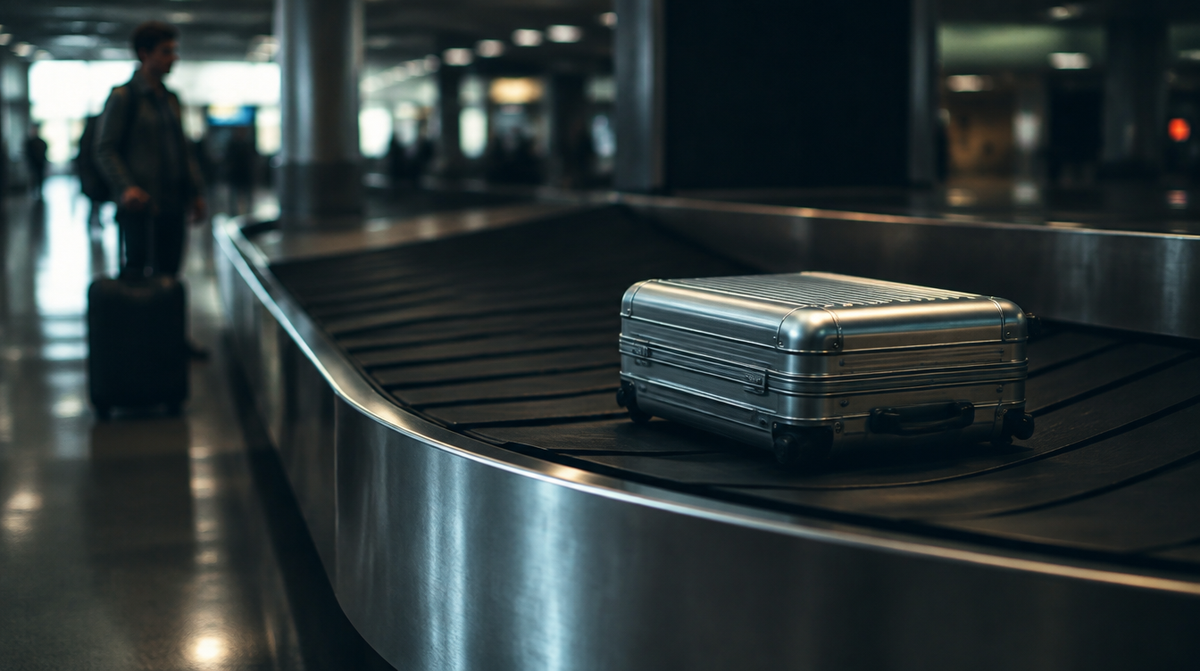 Una maleta de aluminio en la cinta de equipajes de un aeropuerto